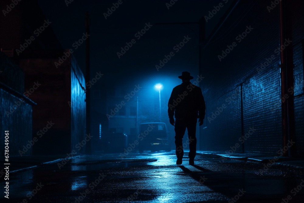 Lone police officer walking in blue night shadow, aesthetic look - obrazy, fototapety, plakaty 