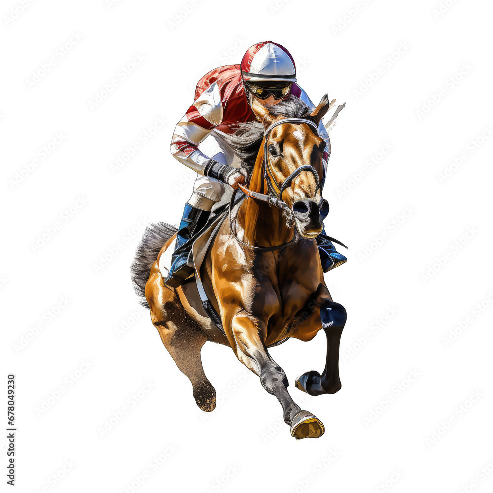 Fototapeta premium Jockey on Running Horse Isolated on Transparent or White Background, PNG