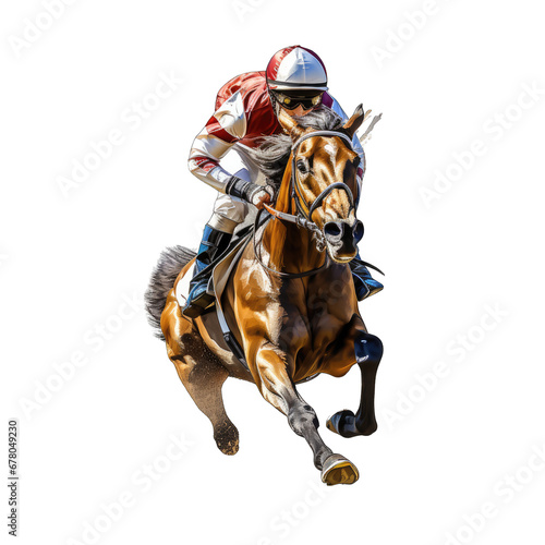 Fototapete Jockey on Running Horse Isolated on Transparent or White Background, PNG