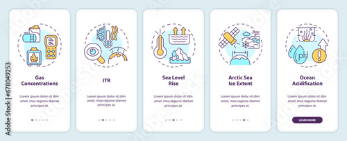 2D icons representing climate metrics mobile app screen set. Walkthrough 5 steps multicolor graphic instructions with thin line icons concept, UI, UX, GUI template.