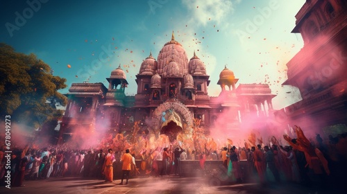 A traditional Holi procession with a lively crowd, musicians, and dancers, all wearing bright and festive attire, captured against a backdrop of a historic and ornate temple