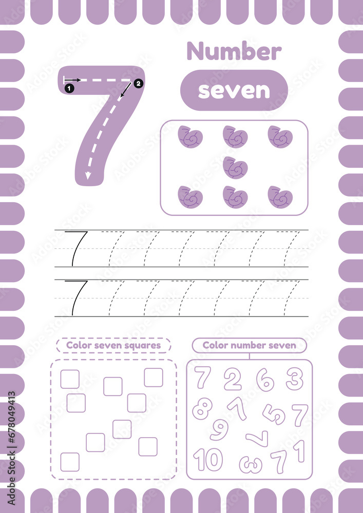 Trace number seven. Activity page with many exercises for kids, coloring figures. Handwriting practice. Trace number seven. Activity page with many exercises for kids, coloring figures. Handwriting practice.