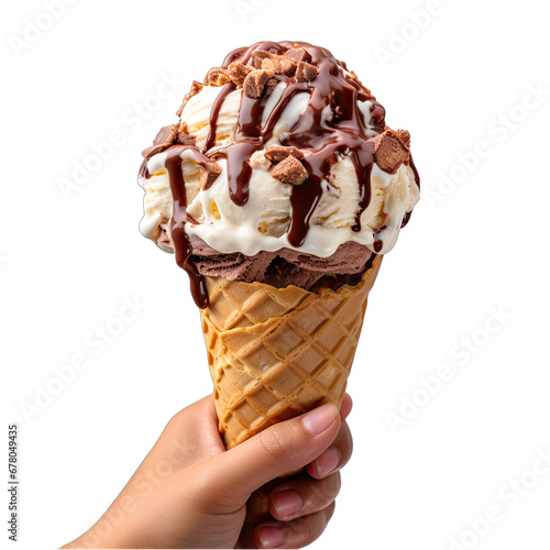 Hand Holding Chocolate Ice Cream Isolated on Transparent or White Background, PNG