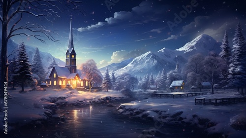 A tranquil Christmas Eve night with a snowy landscape, featuring a starry sky, a quiet forest, and a peaceful, snow-covered church, where a midnight service is about to begin