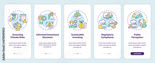 2D icons representing climate metrics mobile app screen set. Walkthrough 5 steps multicolor graphic instructions with linear icons concept, UI, UX, GUI template.