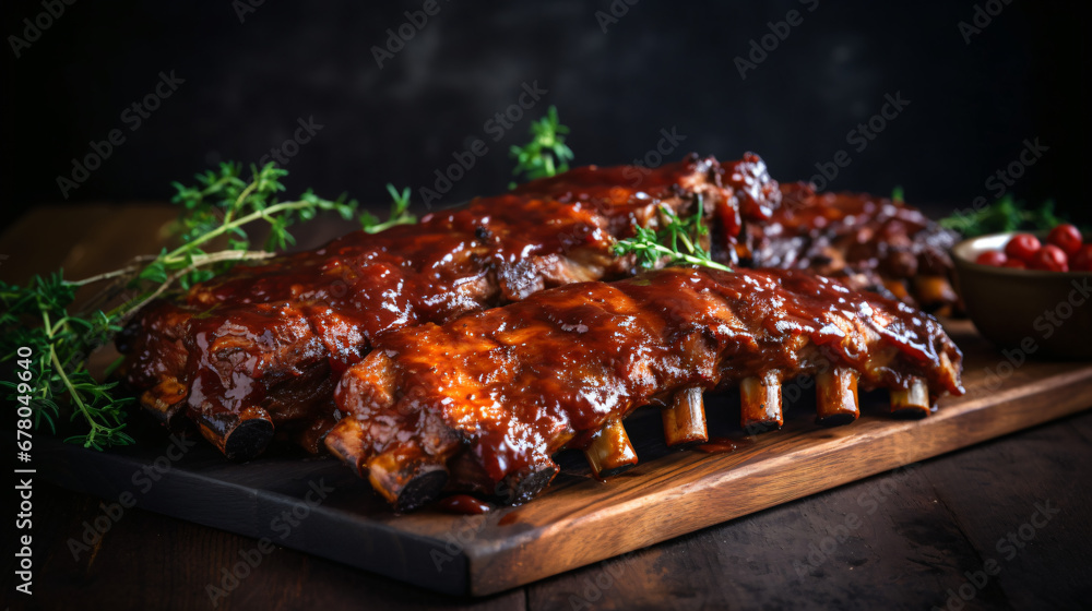 Ribs with barbecue sauce on a wooden board selection