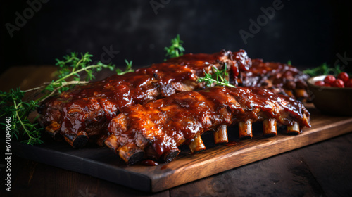 Ribs with barbecue sauce on a wooden board selection