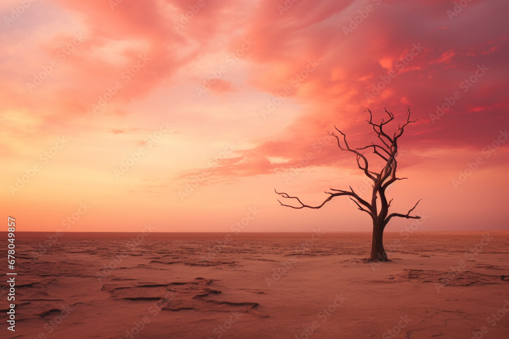 Lonely dry trees in the desert against a beautiful red pink and yellow sky and clouds, aesthetic look