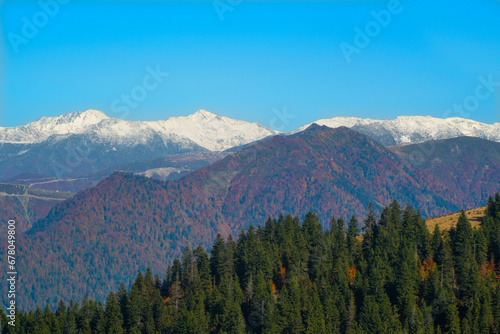 Foggy and snowy mountain landscape. Mountains covered with fog and clouds. Snow-capped hills. Snow-covered forest landscape. Black Sea mountains. Pokut Plateau. Kackar Mountains. Rize, Türkiye.