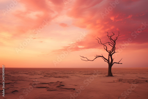 Lonely dry trees in the desert against a beautiful red pink and yellow sky and clouds, aesthetic look © alisaaa