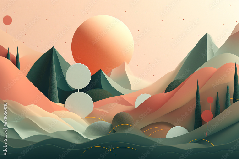Landscape, nature, art concept. Stylized abstract nature collage colorful illustration. Pastel colored minimalist style Landscape, nature, art concept. Stylized abstract nature collage colorful illustration. Pastel colored minimalist style