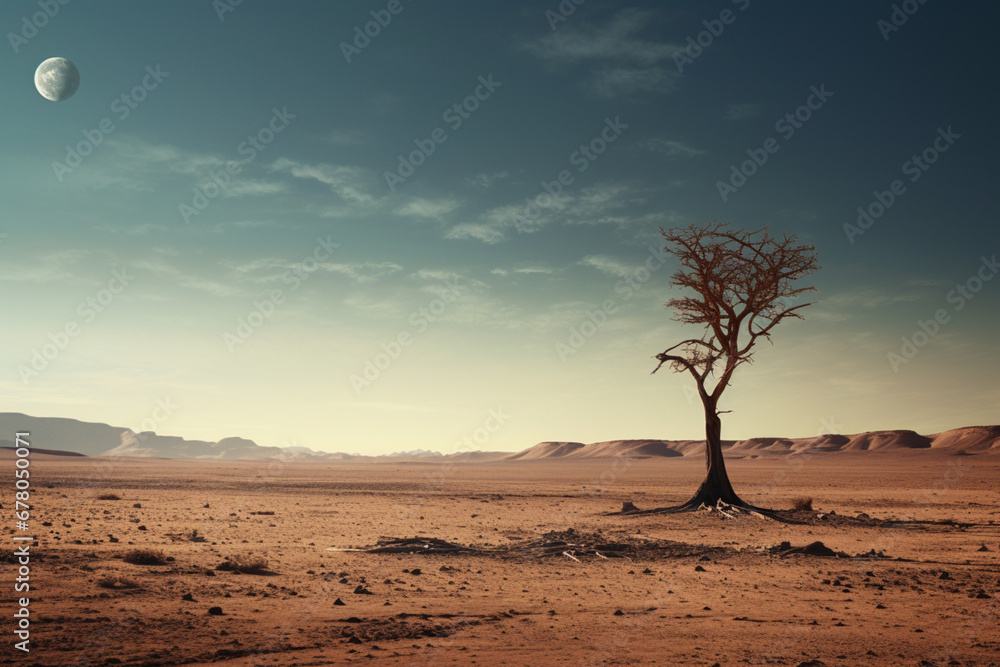 Lonely dty tree in the desert lunar landscape in the dashte lut desert, aesthetic look