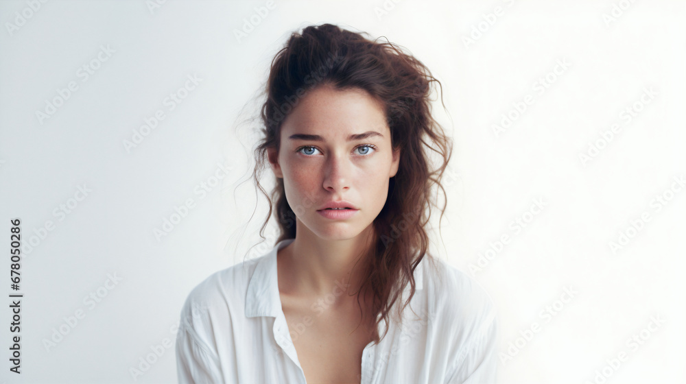 Portrait of a sad caucasian woman on isolated solid white background Portrait of a sad caucasian woman on isolated solid white background