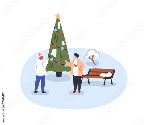 People meeting at outdoor Christmas tree in cold weather. Friends greeting in snow park on winter holidays, Xmas eve, wintertime vacation. Flat graphic vector illustration isolated on white background