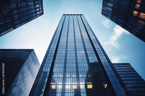 Low angle shot of a tall high-rise modern business building with a clear sky, aesthetic look