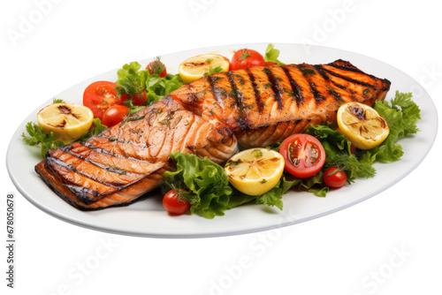 Grilled salmon steak with vegetables isolated on transparent background.