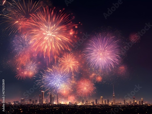 Beautiful New Year, congratulations with firework on night sky background. Ai image generative. © Amlumoss