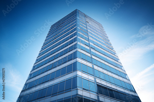 Low angle shot of a tall high-rise modern business building with a clear sky, aesthetic look