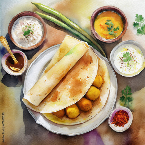 top view of Indian masala dosa features a crispy fermented rice crepe filled with spiced potatoes, served with coconut chutney and tangy sambar, representing the South Indian culinary tra photo