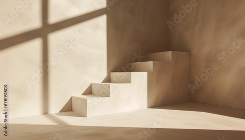 Modern abstract background from stairs with geometry sunlight and shadows. Architecture and product presentation aesthetic template. photo