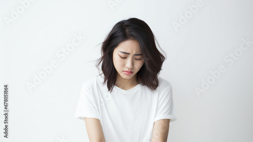 Portrait of a sad asian woman on isolated solid white background photo