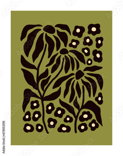 Modern floral botanical card. Abstract flowers silhouette, natural poster. Bl...