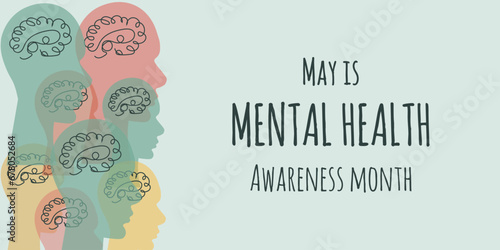 Trendy retro Mental Health awareness month banner with brain in head. Mental Health poster in modern groovy style with copy space. Vector illustration can used web pages, flyer, card cover.