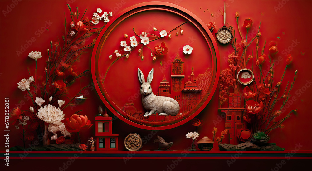 Red background, rabbit and Chinese traditional elements for Mid-Autumn Festival