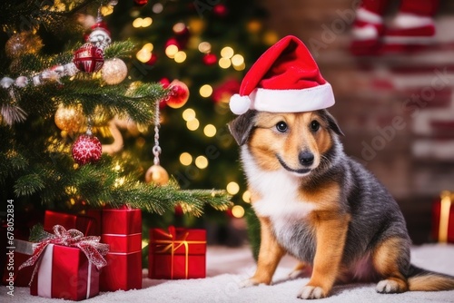 Cute mongrel yard dog in a Santa hat near the New Year tree