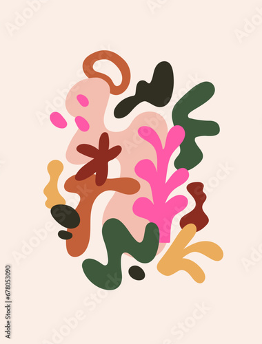Abstract modern card design. Trendy poster with creative shapes  fluid elements  blobs  blots. Vertical background  interior wall art in contemporary style. Colored flat graphic vector illustration