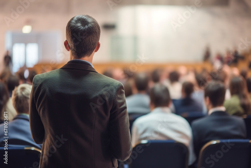 Male speaker giving presentation in lecture hall at university workshop, Audience in conference hall, Rear view of unrecognized participant in audience, Scientific conference event, blur view