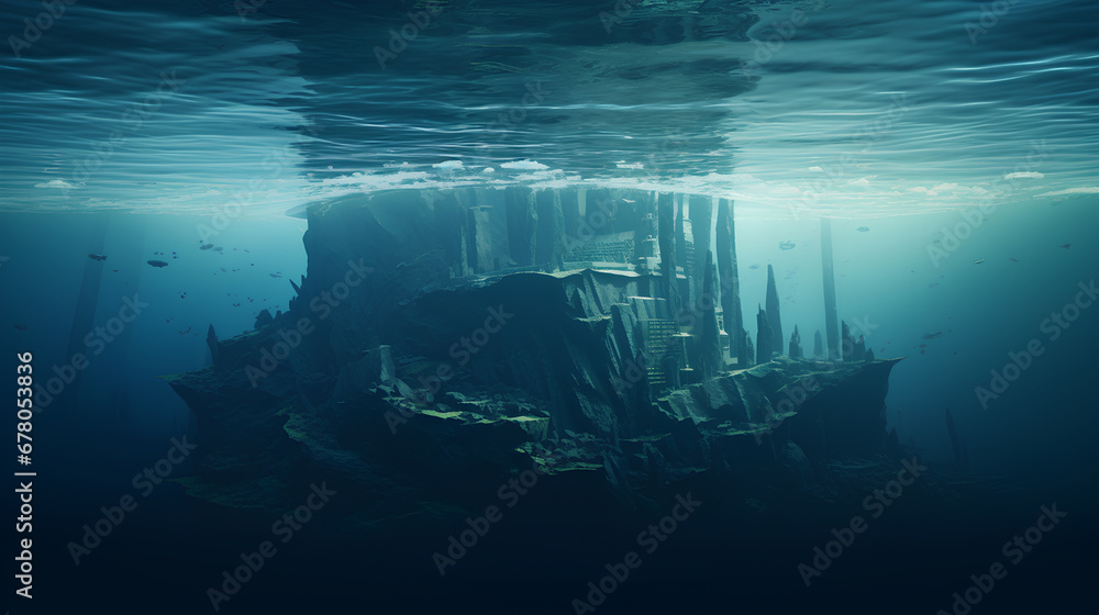 Cyberpunk style of an iceberg however you can see the first part underwater of it - obrazy, fototapety, plakaty 