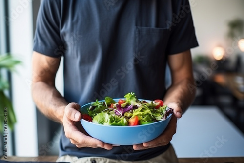 Man eat healthy lunch in modern interior, Unrecognizable profile male torso in blue t-shirt, hand with fork, near window with vegetable salad in bowl, diet food concept