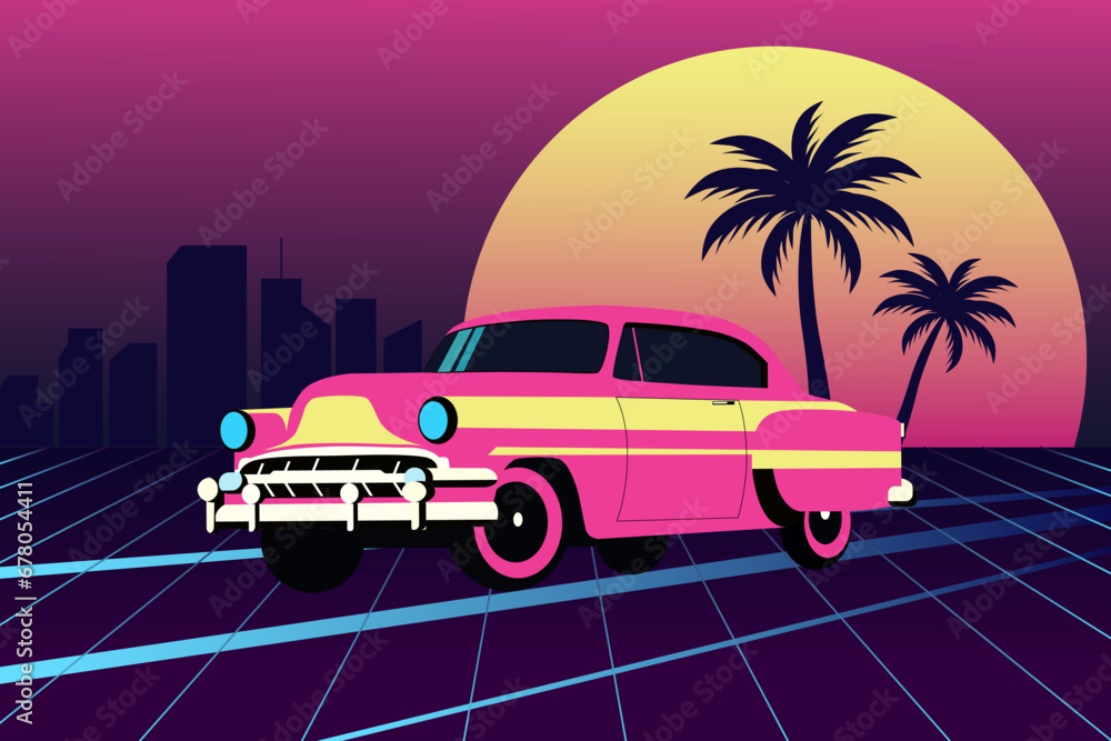 Car in retro neon style.Template design for poster, flyer or banner. Vector illustration.