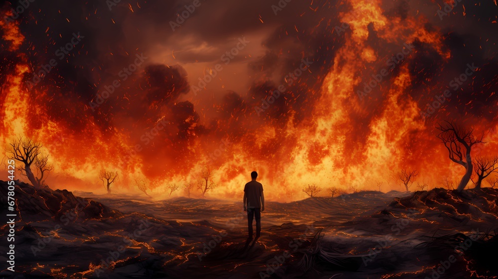 Fototapeta premium A man stands before a massive wildfire in a burnt field with dead trees under a smoky sky.