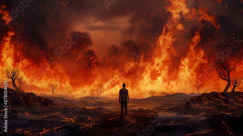 A man stands before a massive wildfire in a burnt field with dead trees under a smoky sky.