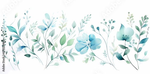 Assortment of watercolor leaves in various shapes and shades of green  delicately painted on a white background