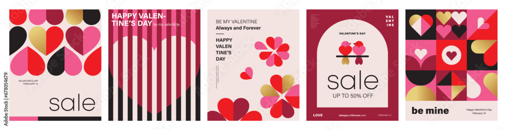 Set of Valentine's Day poster, greeting card, cover, label, sale promotion templates, pattern background in modern trendy geometric style. - obrazy, fototapety, plakaty 