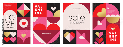 Set of Valentine's Day poster, greeting card, cover, label, sale promotion templates, pattern background in modern trendy geometric style.
