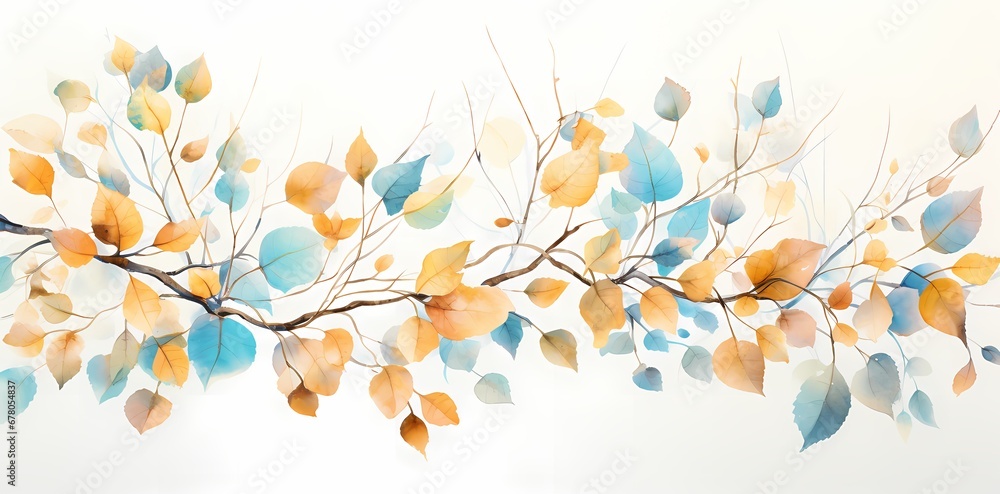 Delicate watercolor painting of autumn maple leaves in vibrant shades of orange, red, and yellow on a branch.