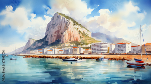 Beautiful view of the Rock of Gibraltar watercolor. photo