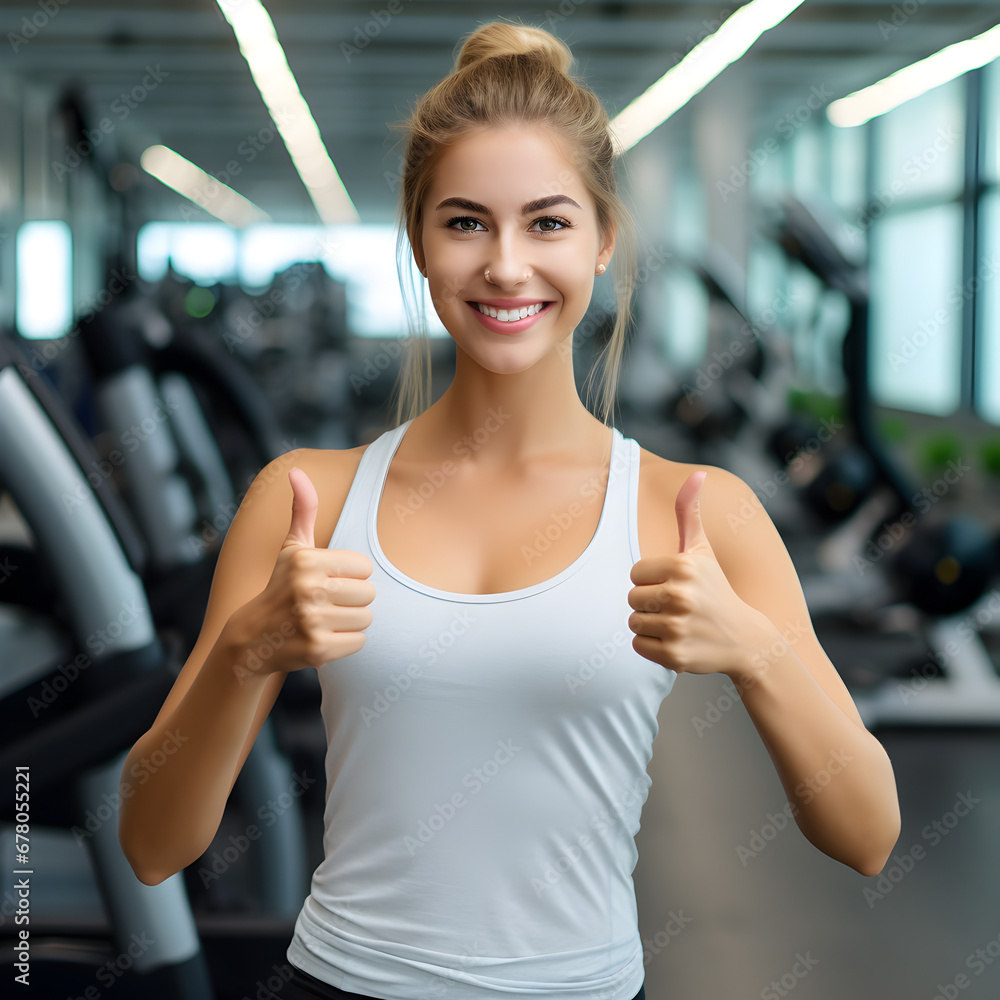 Woman in a gym with two thumbs up. Generative ai. 