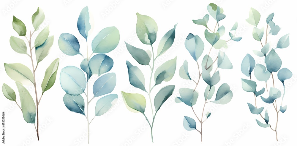 Assortment of watercolor leaves in various shapes and shades of green, delicately painted on a white background