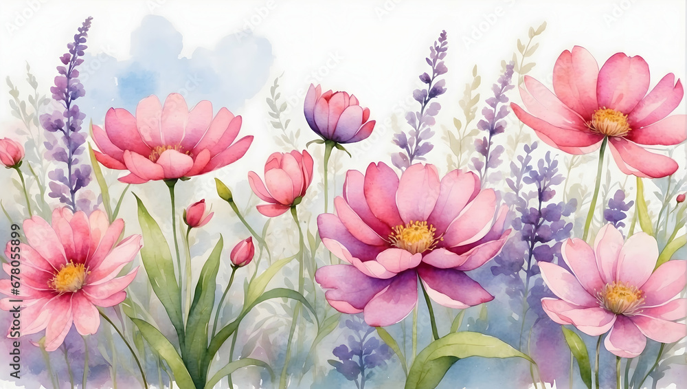 Watercolor illustration pink and purple flowers and green leafs in the garden. Flowers field in the valley. 