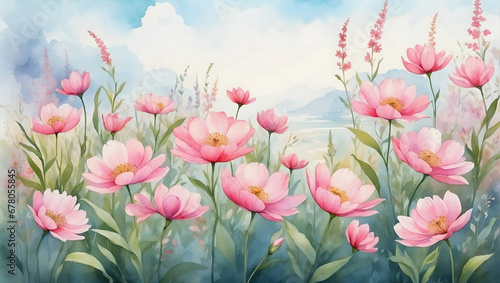 Watercolor illustration pink flowers and green leafs in the garden. Flowers field in the valley. 