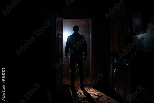 Man silhouette walking away in the light of opening door in dark  soft light photography