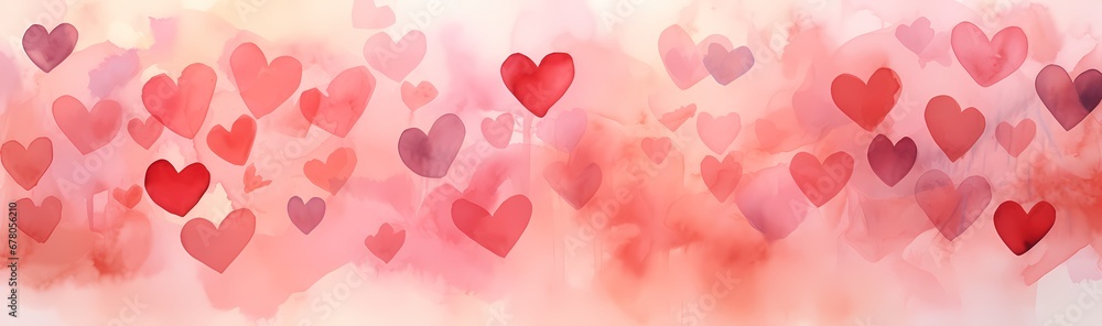 A range of red and pink watercolor hearts creating a romantic and artistic expression of love and affection.
