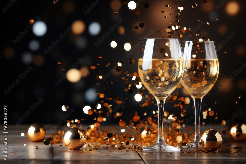 A celebratory background image featuring two glasses of champagne, golden confetti, and a blurred background for a festive atmosphere. Photorealistic illustration A celebratory background image featuring two glasses of champagne, golden confetti, and a blurred background for a festive atmosphere. Photorealistic illustration