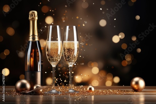 A celebratory background image featuring two glasses of champagne, a bottle, with room for customization and a touch of depth of field for added visual appeal. Photorealistic illustration