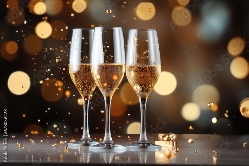 A festive background image showcasing glasses of champagne against a backdrop of blurred holiday lights  creating a celebratory atmosphere. Photorealistic illustration